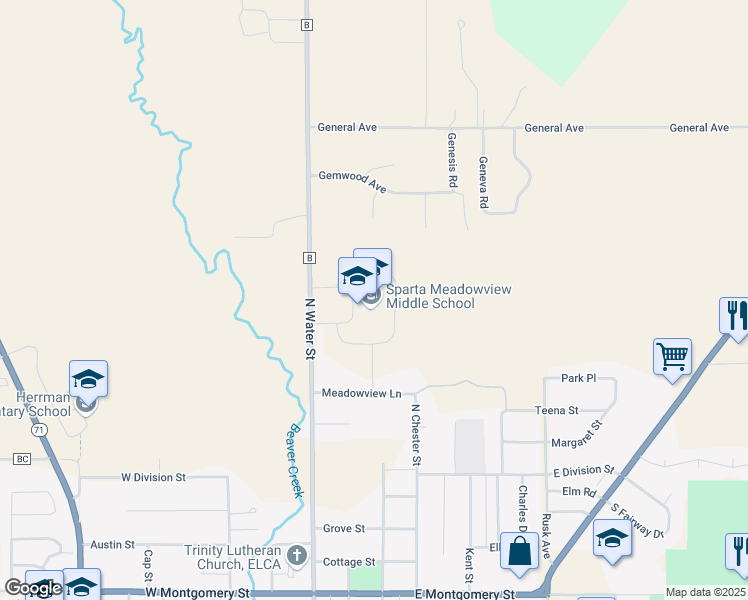 map of restaurants, bars, coffee shops, grocery stores, and more near 1225 North Water Street in Sparta