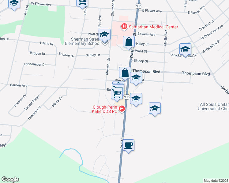 map of restaurants, bars, coffee shops, grocery stores, and more near 116-124 Barben Avenue in Watertown
