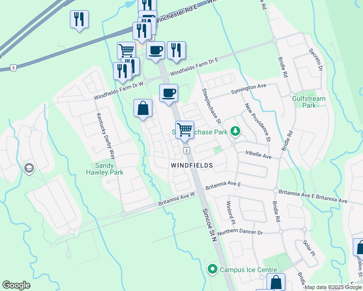 map of restaurants, bars, coffee shops, grocery stores, and more near 2536 Rosedrop Path in Oshawa