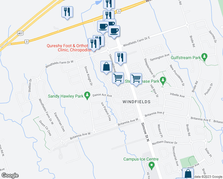 map of restaurants, bars, coffee shops, grocery stores, and more near 2460 Bromus Path in Oshawa
