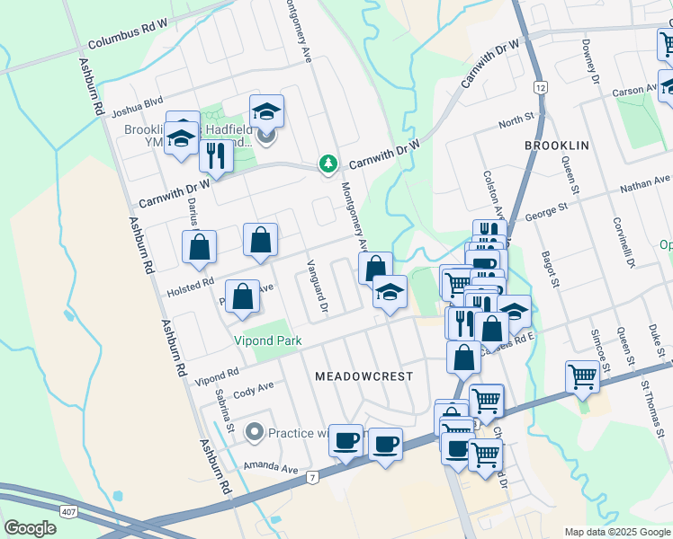 map of restaurants, bars, coffee shops, grocery stores, and more near 21 Rainbow Crescent in Whitby