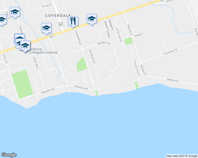 map of restaurants, bars, coffee shops, grocery stores, and more near 10 Springbrook Road in Cobourg