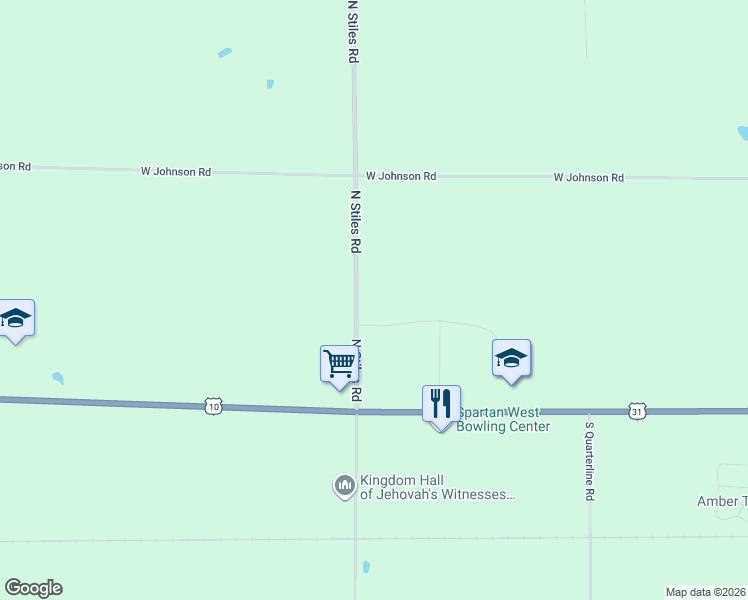 map of restaurants, bars, coffee shops, grocery stores, and more near 196 North Stiles Road in Ludington