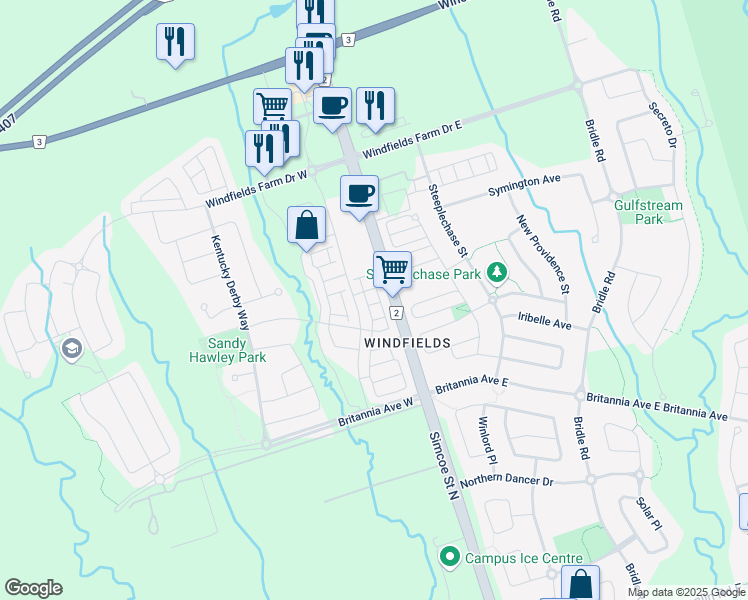 map of restaurants, bars, coffee shops, grocery stores, and more near 2536 Rosedrop Path in Oshawa