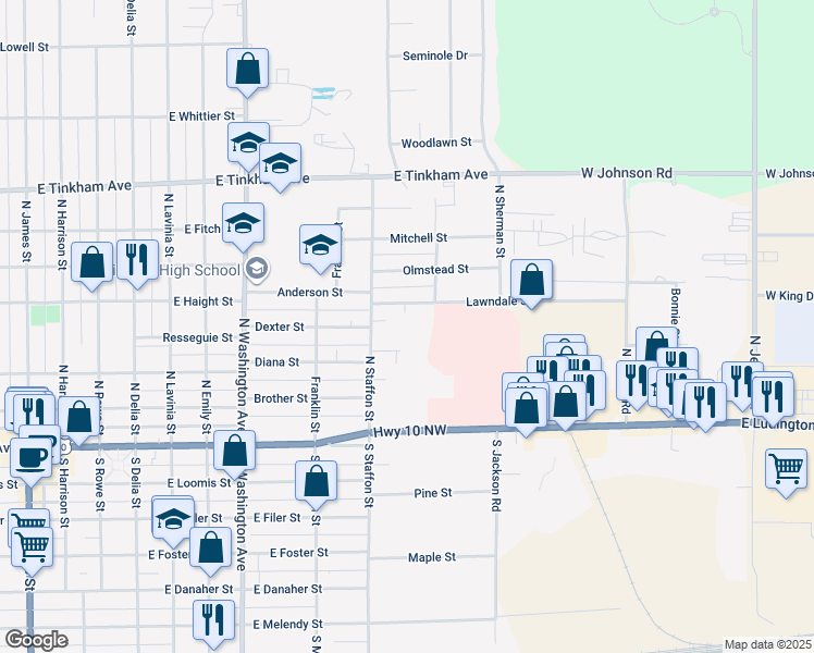 map of restaurants, bars, coffee shops, grocery stores, and more near 900 Lawndale Street in Ludington