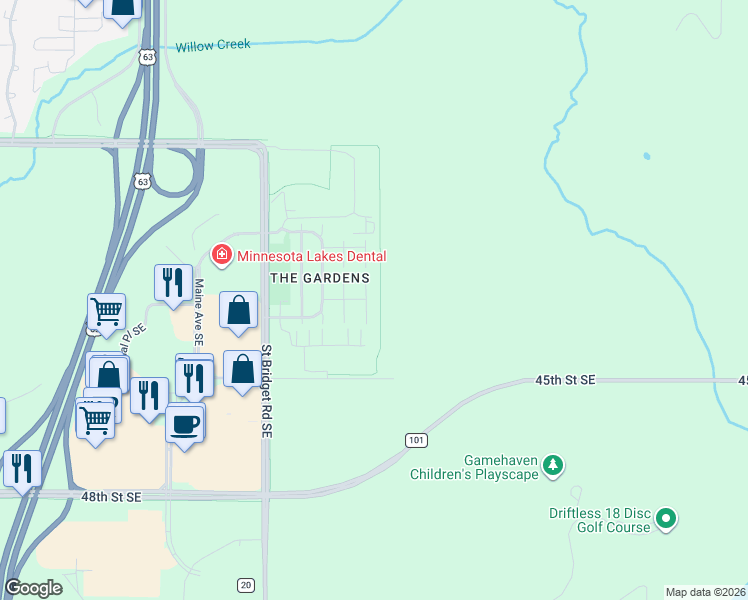 map of restaurants, bars, coffee shops, grocery stores, and more near 4300 Daffodil Avenue Southeast in Rochester