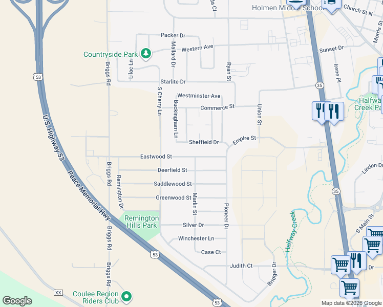 map of restaurants, bars, coffee shops, grocery stores, and more near 901 Eastwood Street in Holmen