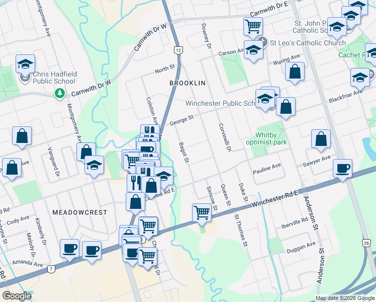 map of restaurants, bars, coffee shops, grocery stores, and more near 59 Bagot Street in Whitby