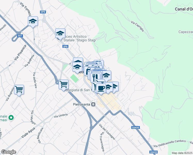 map of restaurants, bars, coffee shops, grocery stores, and more near 94 Via Giuseppe Mazzini in Pietrasanta