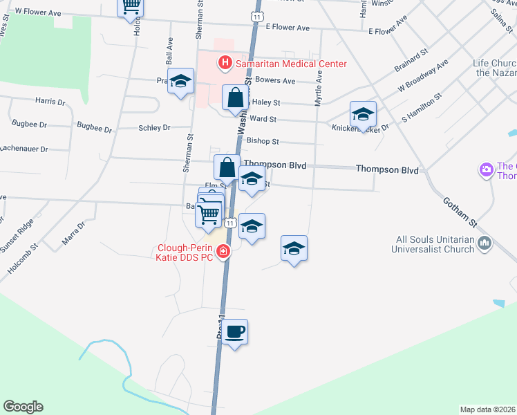 map of restaurants, bars, coffee shops, grocery stores, and more near 1237 Washington Street in Watertown