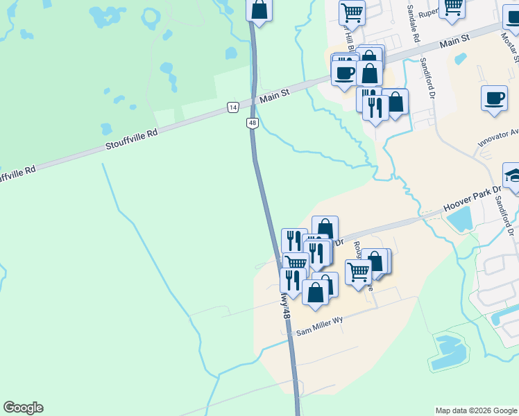map of restaurants, bars, coffee shops, grocery stores, and more near 12066 Ontario 48 in Whitchurch-Stouffville