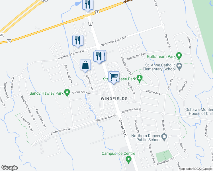 map of restaurants, bars, coffee shops, grocery stores, and more near 2536 Rosedrop Path in Oshawa