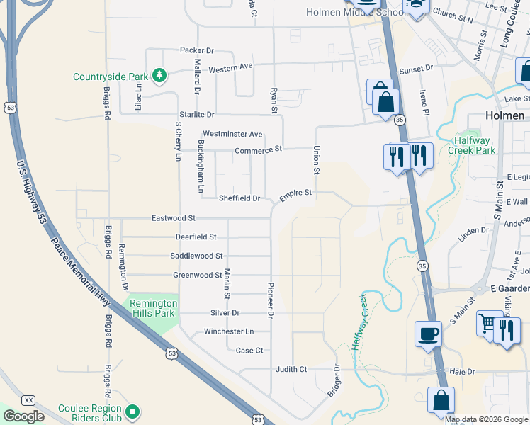 map of restaurants, bars, coffee shops, grocery stores, and more near 801 Eastwood Street in Holmen