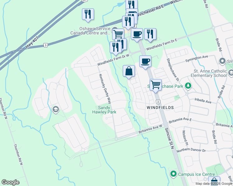map of restaurants, bars, coffee shops, grocery stores, and more near 160 Hyperion Court in Oshawa