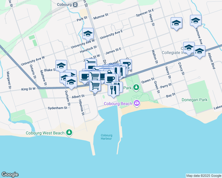 map of restaurants, bars, coffee shops, grocery stores, and more near in Cobourg
