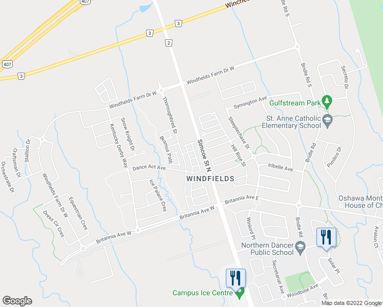 map of restaurants, bars, coffee shops, grocery stores, and more near 35 Glenstal Path in Oshawa