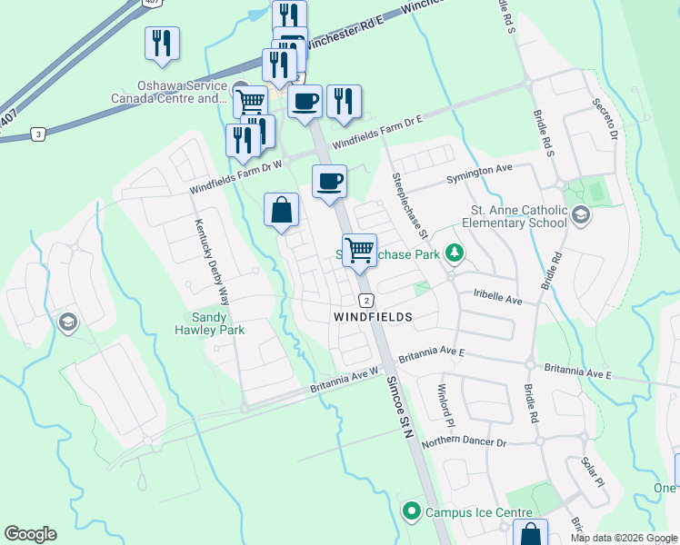 map of restaurants, bars, coffee shops, grocery stores, and more near 35 Glenstal Path in Oshawa