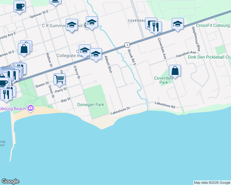 map of restaurants, bars, coffee shops, grocery stores, and more near 69 Abbott Boulevard in Cobourg