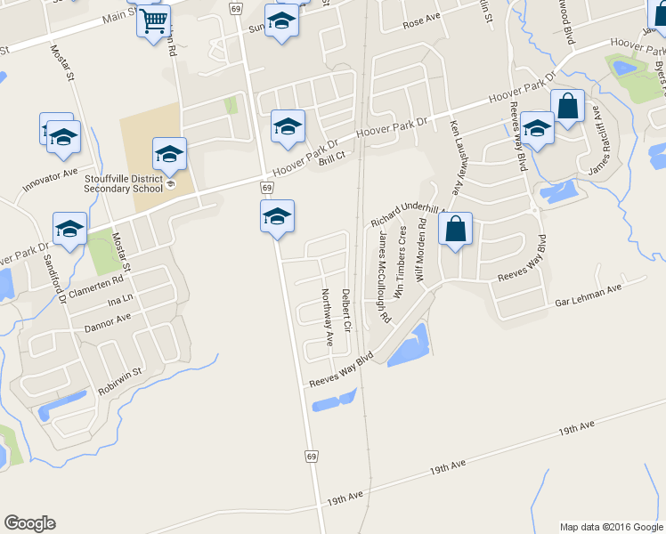 map of restaurants, bars, coffee shops, grocery stores, and more near 1 Farmington Road in Whitchurch-Stouffville