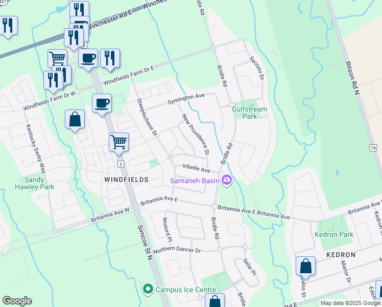 map of restaurants, bars, coffee shops, grocery stores, and more near in Oshawa