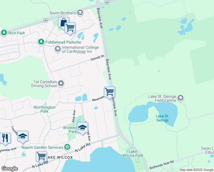 map of restaurants, bars, coffee shops, grocery stores, and more near 20 Sunbay Court in Richmond Hill