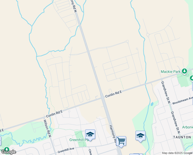 map of restaurants, bars, coffee shops, grocery stores, and more near Harmony Road North in Oshawa