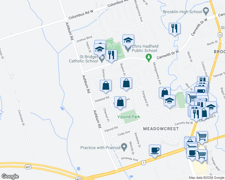 map of restaurants, bars, coffee shops, grocery stores, and more near 11 Ault Crescent in Whitby