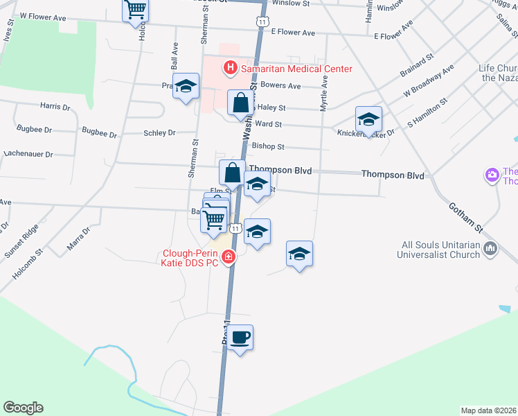 map of restaurants, bars, coffee shops, grocery stores, and more near 1237 Washington Street in Watertown