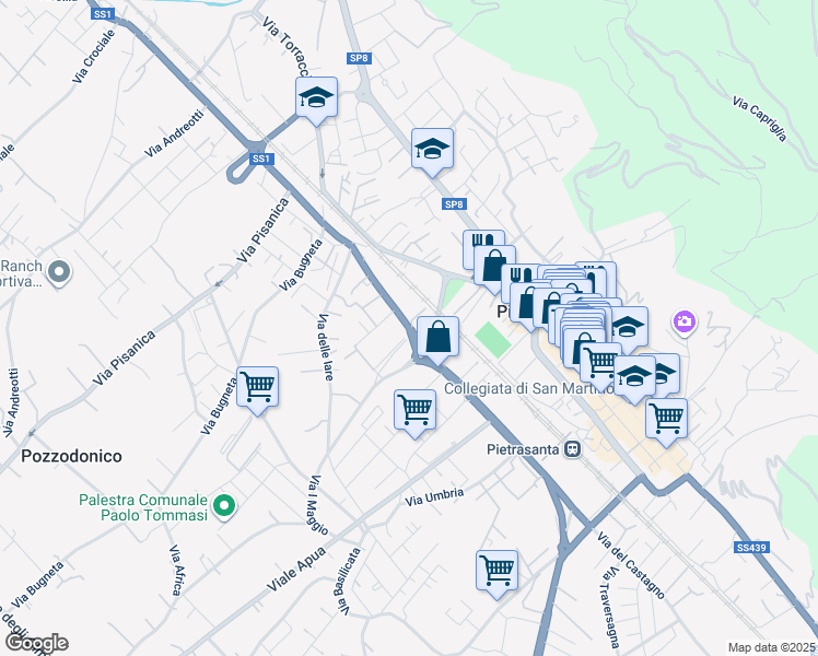 map of restaurants, bars, coffee shops, grocery stores, and more near Strada Statale 1 Aurelia in Pietrasanta