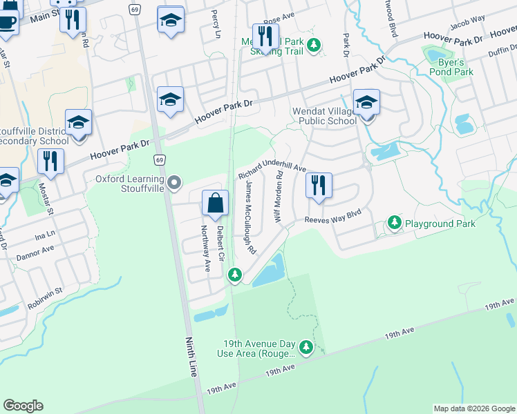 map of restaurants, bars, coffee shops, grocery stores, and more near 87 Win Timbers Crescent in Whitchurch-Stouffville