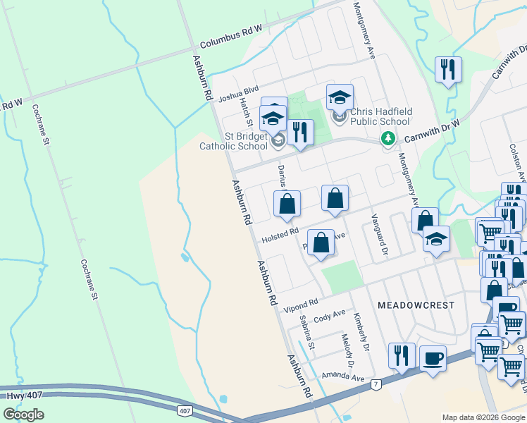 map of restaurants, bars, coffee shops, grocery stores, and more near 75 Tunney Place in Whitby