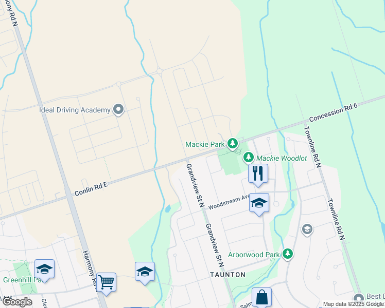map of restaurants, bars, coffee shops, grocery stores, and more near 2045 Grandview Street North in Oshawa