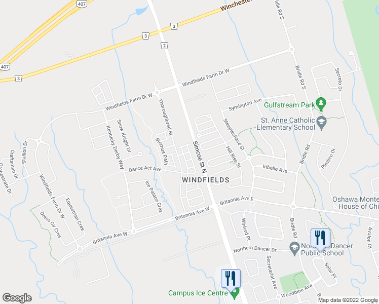 map of restaurants, bars, coffee shops, grocery stores, and more near 2496 Rosedrop Path in Oshawa