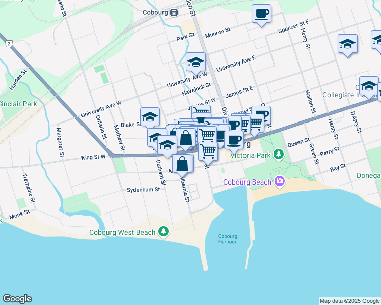 map of restaurants, bars, coffee shops, grocery stores, and more near 93 King Street West in Cobourg