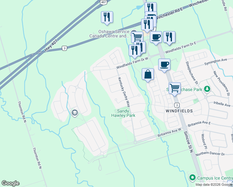 map of restaurants, bars, coffee shops, grocery stores, and more near 201 South Ocean Drive in Oshawa