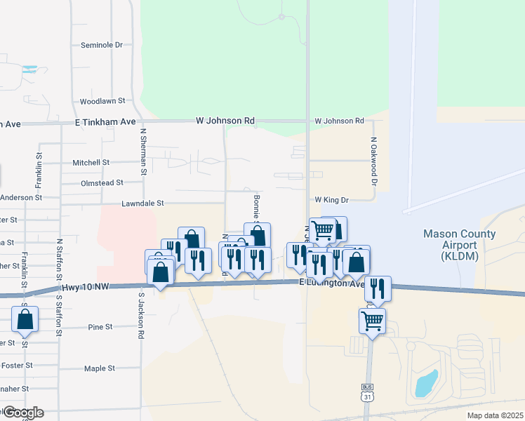 map of restaurants, bars, coffee shops, grocery stores, and more near 147 Bonnie Street in Ludington