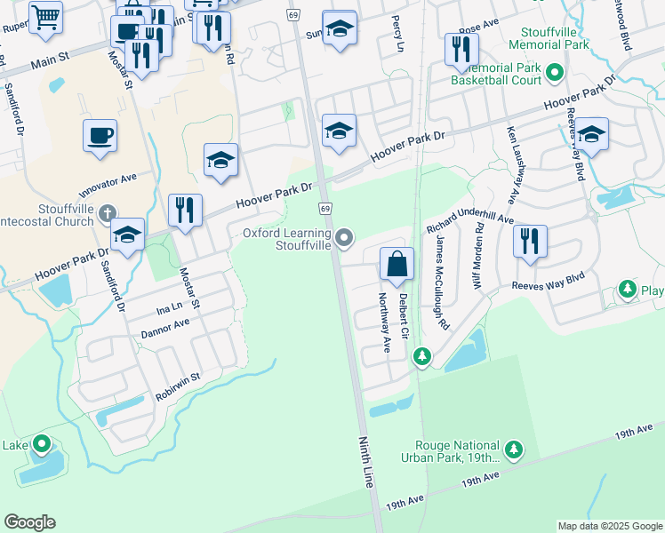 map of restaurants, bars, coffee shops, grocery stores, and more near 11782 Ninth Line in Whitchurch-Stouffville