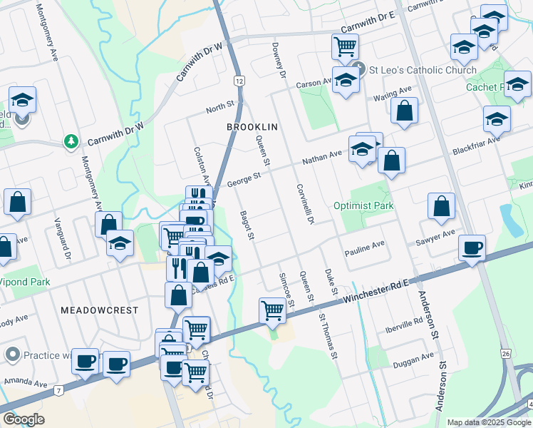 map of restaurants, bars, coffee shops, grocery stores, and more near 59 Bagot Street in Whitby