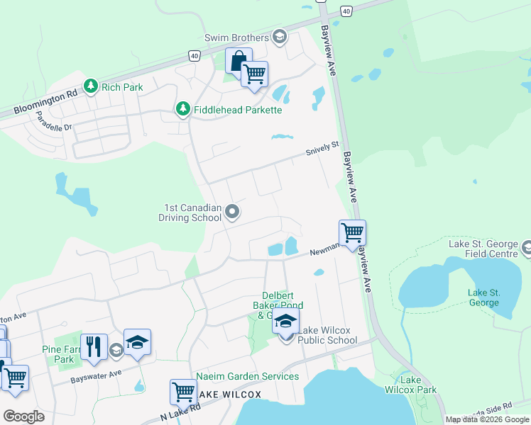 map of restaurants, bars, coffee shops, grocery stores, and more near 40 Delphinium Avenue in Richmond Hill