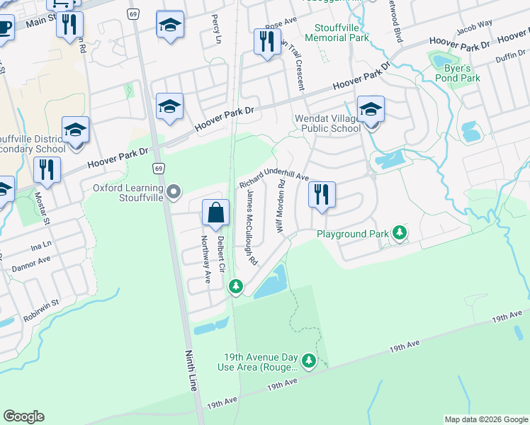 map of restaurants, bars, coffee shops, grocery stores, and more near Win Timbers Crescent in Whitchurch-Stouffville