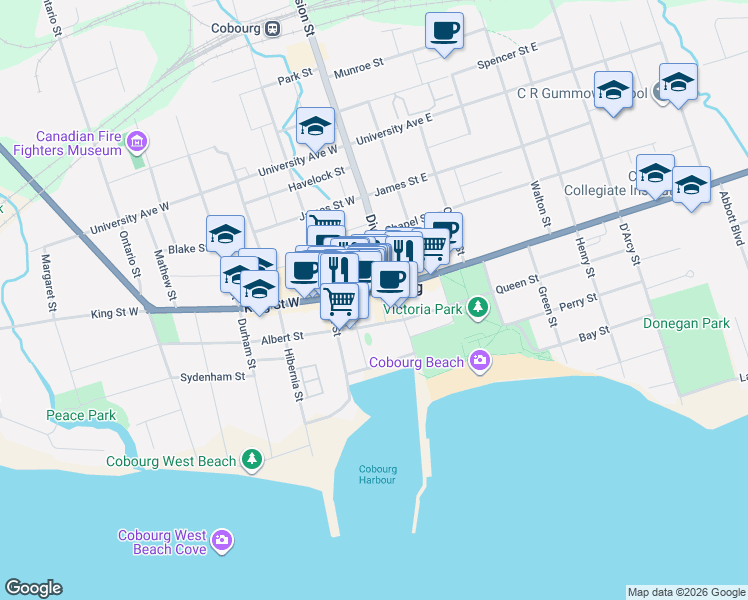 map of restaurants, bars, coffee shops, grocery stores, and more near in Cobourg