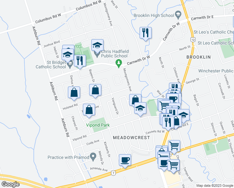 map of restaurants, bars, coffee shops, grocery stores, and more near 93 Holsted Road in Whitby