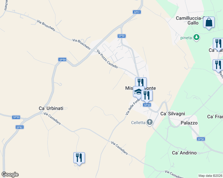 map of restaurants, bars, coffee shops, grocery stores, and more near 9 Via Pozzo Castello in Provincia di Rimini