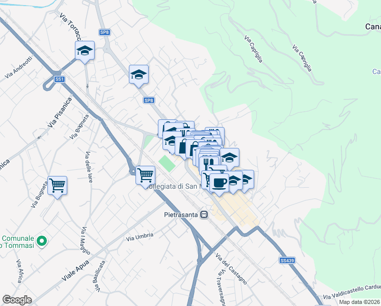 map of restaurants, bars, coffee shops, grocery stores, and more near in Pietrasanta
