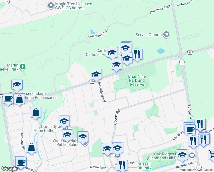 map of restaurants, bars, coffee shops, grocery stores, and more near 18 Harrowsmith Place in Richmond Hill