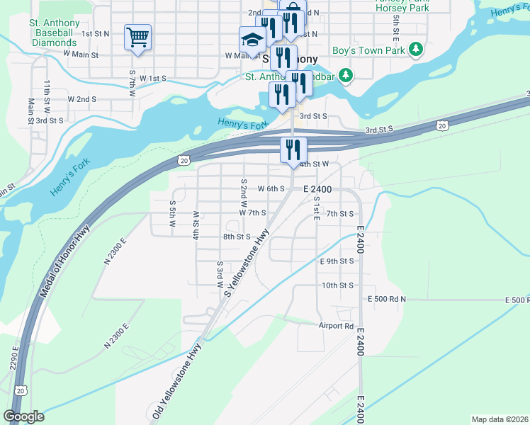 map of restaurants, bars, coffee shops, grocery stores, and more near 111 West 7th South in Saint Anthony