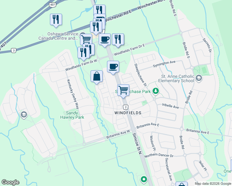 map of restaurants, bars, coffee shops, grocery stores, and more near 2493 Rosedrop Path in Oshawa