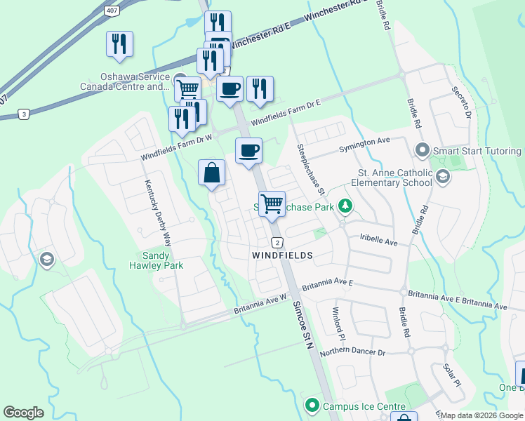 map of restaurants, bars, coffee shops, grocery stores, and more near 2536 Rosedrop Path in Oshawa
