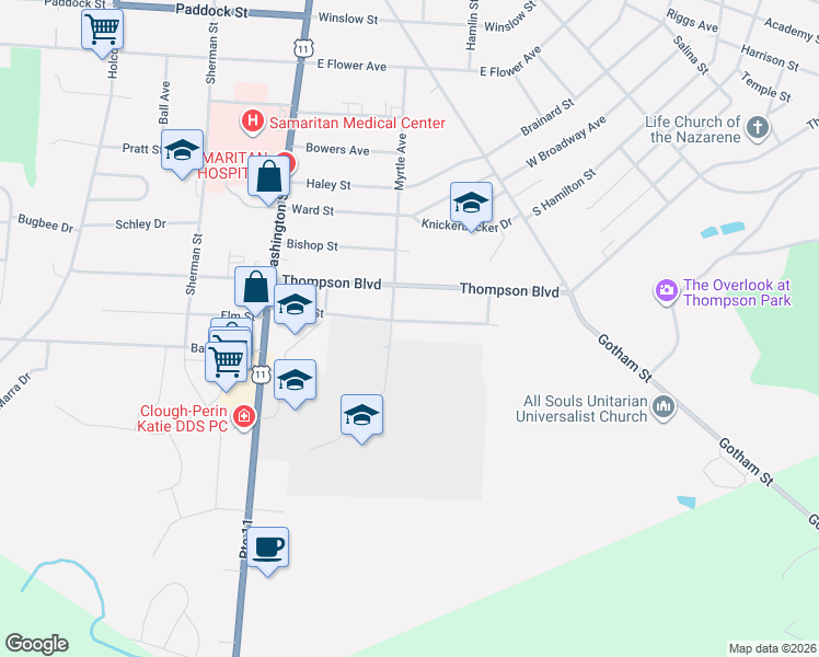 map of restaurants, bars, coffee shops, grocery stores, and more near 226 Green Street in Watertown