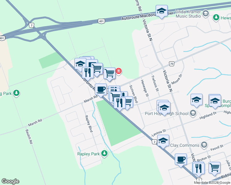 map of restaurants, bars, coffee shops, grocery stores, and more near 53 Freeman Drive in Port Hope